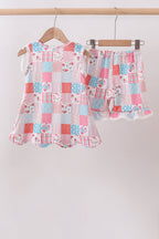 Pink floral patchwork scalloped ruffle shorts set