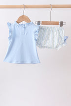 Blue character applique ruffle bloomer set