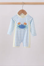 Blue crab applique plaid one-piece swimsuit