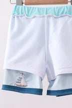 Blue stripe sailboat embroidery swim trunks