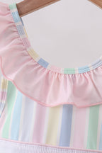 Rainbow stripe butterfly smocked ruffle one-piece swimsuit