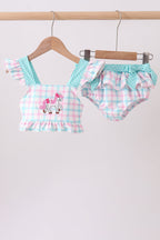 Green plaid horse applique 2pc swimsuit