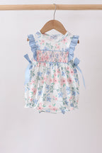 Blue Floral Smocked Ruffle Bubble