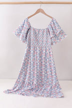 Blue Floral Smocked Women Dress