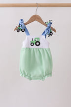 Green Tractor Applique Seersucker Bubble