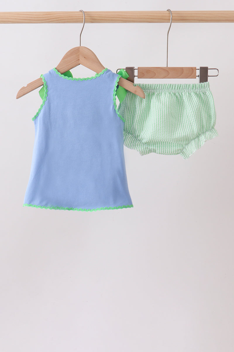 Blue Tractor Applique Seersucker Bloomer Set
