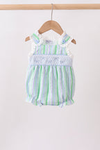 Green Stripe Smocked Bow Seersucker Bubble