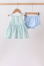 Green Stripe Smocked Bow Seersucker Bloomer Set