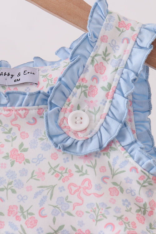 Blue Floral Print Ruffle Bubble