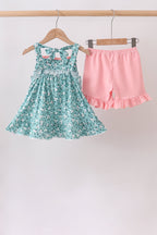 Green Floral Smocked Ruffle Shorts Set