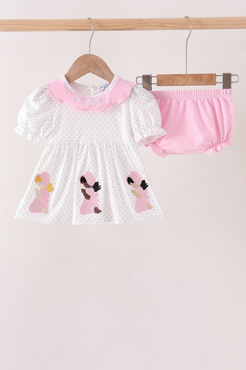 Pink Prayer Embroidery Ruffle Bloomer Set