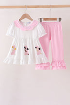 Pink Prayer Embroidery Ruffle Pants Set