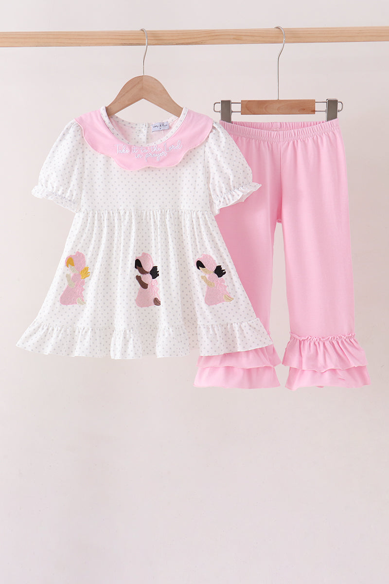 Pink Prayer Embroidery Ruffle Pants Set