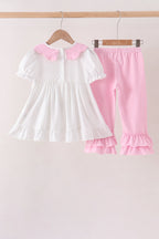 Pink Prayer Embroidery Ruffle Pants Set