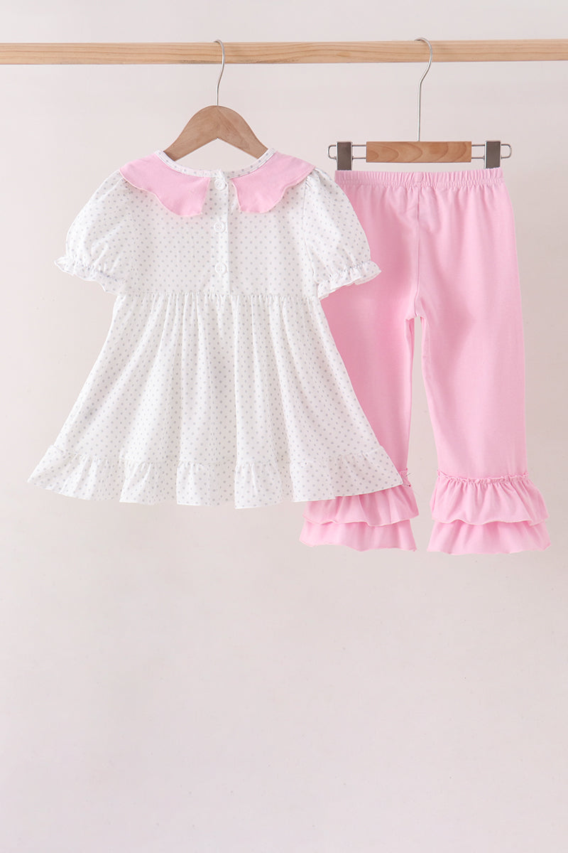 Pink Prayer Embroidery Ruffle Pants Set