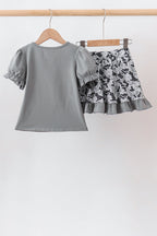 Grey Camouflage Bow Embroidery Ruffle Skorts Set