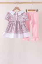 Pink Floral Embroidery Ruffle Pants Set
