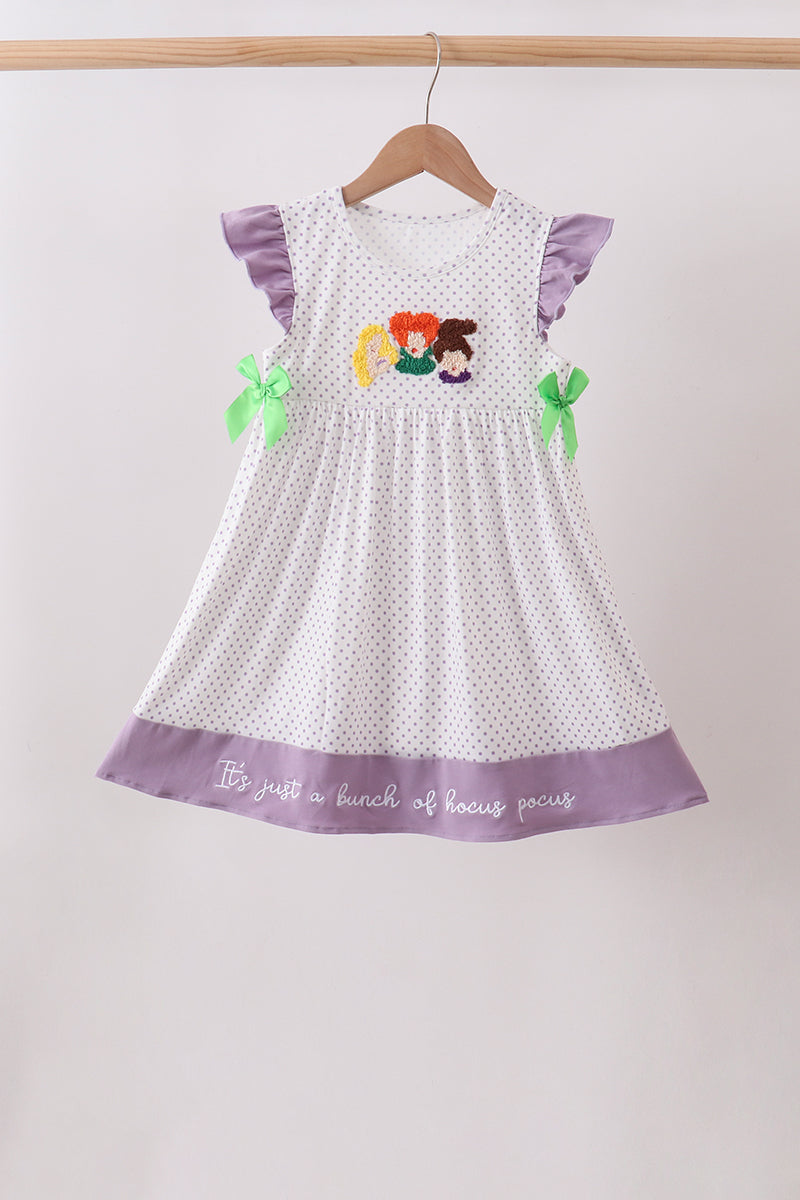 Purple Hocus pocus french knot ruffle dress