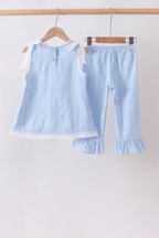 Blue Jacquard Lace Ruffle Pants Set