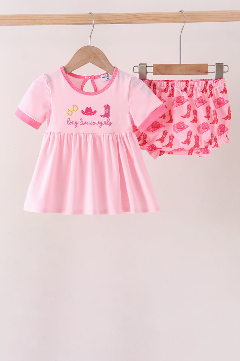 Pink Cowgirl Boots Embroidery Bloomer Set