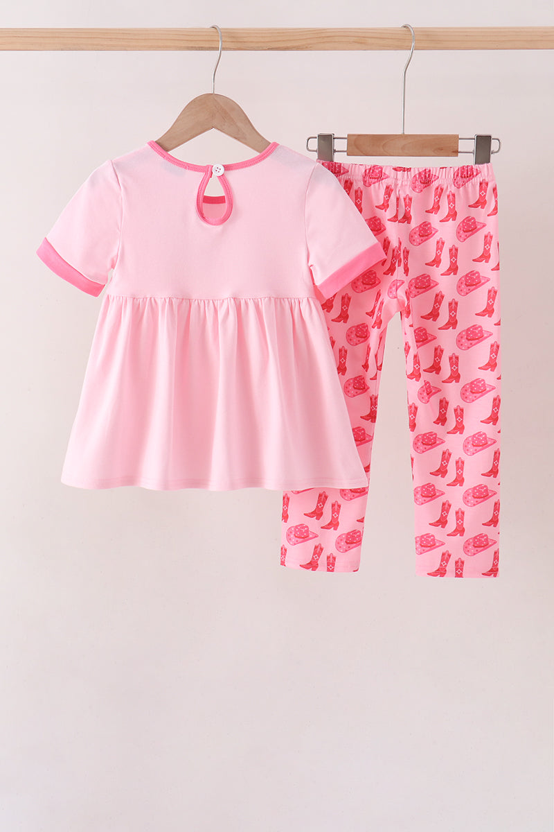Pink Cowgirl Boots Embroidery Pants Set