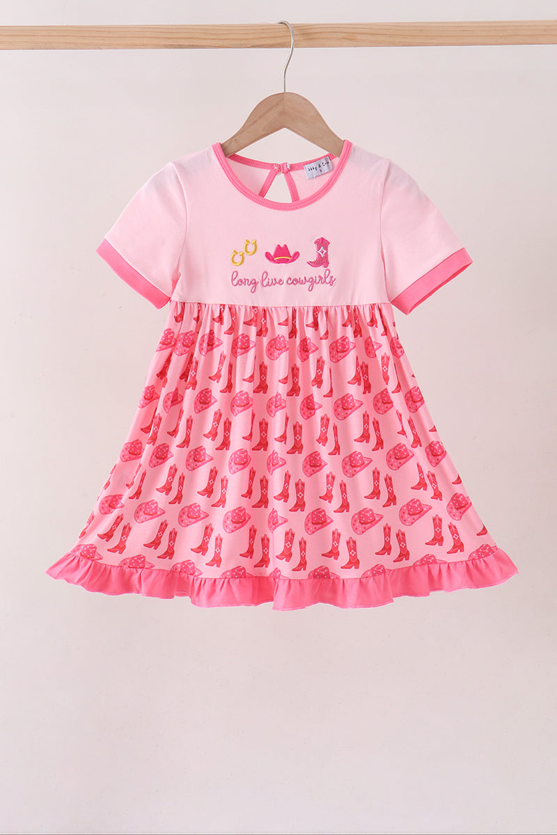 Pink Cowgirl Boots Embroidery Dress