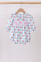 Blue Bow Smocked Floral Gingham Bubble
