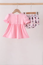 Pink Cat Embroidery Ruffle Bloomer Set