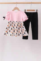 Pink Pumpkin Cat Embroidery Pants Set