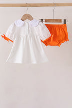 Orange Pumpkin Bow Embroidery Bloomer Set