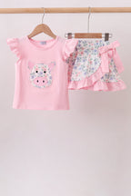 Pink Piggy Applique Ruffle Skorts Set