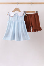 Blue Stripe Football French Knot Ruffle Shorts Set