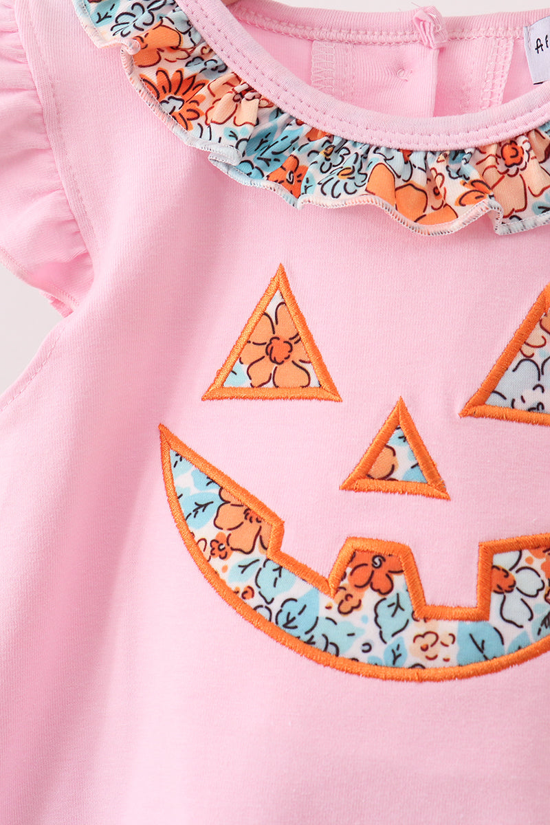 Pink Jack-O-Lantern Applique Ruffle Bubble