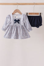 Navy Floral Bow Smocked Bloomer Set