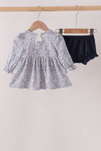Navy Floral Bow Smocked Bloomer Set