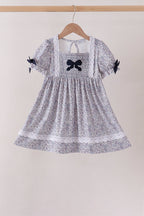 Navy Floral Bow Smocked Dress