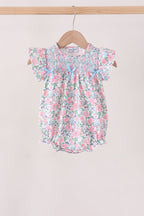 Blue Floral Smocked Ruffle Bubble