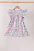 Blue Floral Smocked Ruffle Dress