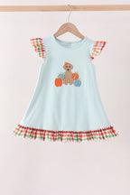 Blue Puppy Pumpkin Embroidery Gingham Ruffle Dress