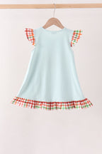 Blue Puppy Pumpkin Embroidery Gingham Ruffle Dress