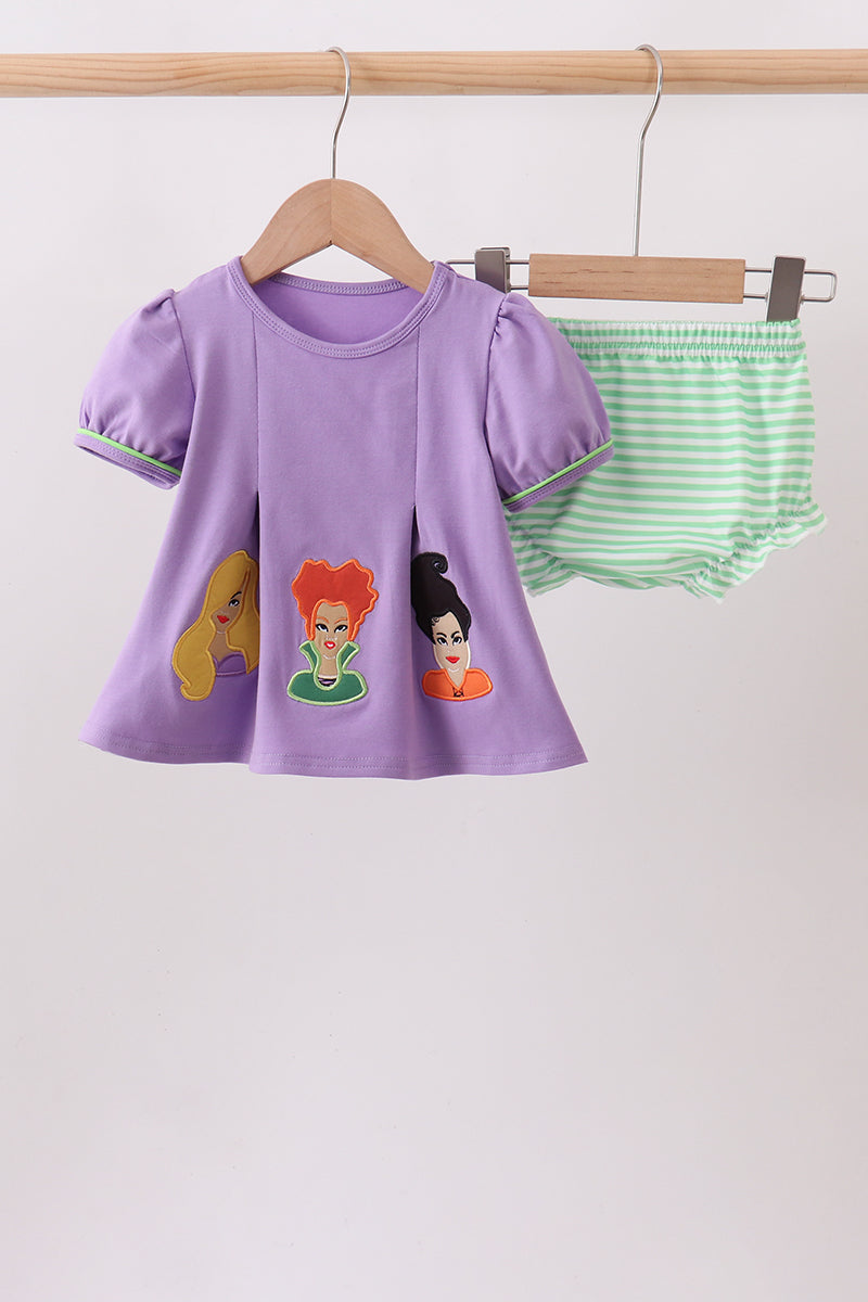 Purple witch applique stripe bloomer set