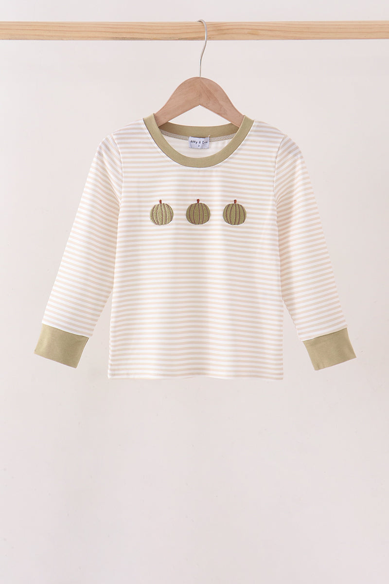 Khaki Pumpkin Embroidery Stripe Top