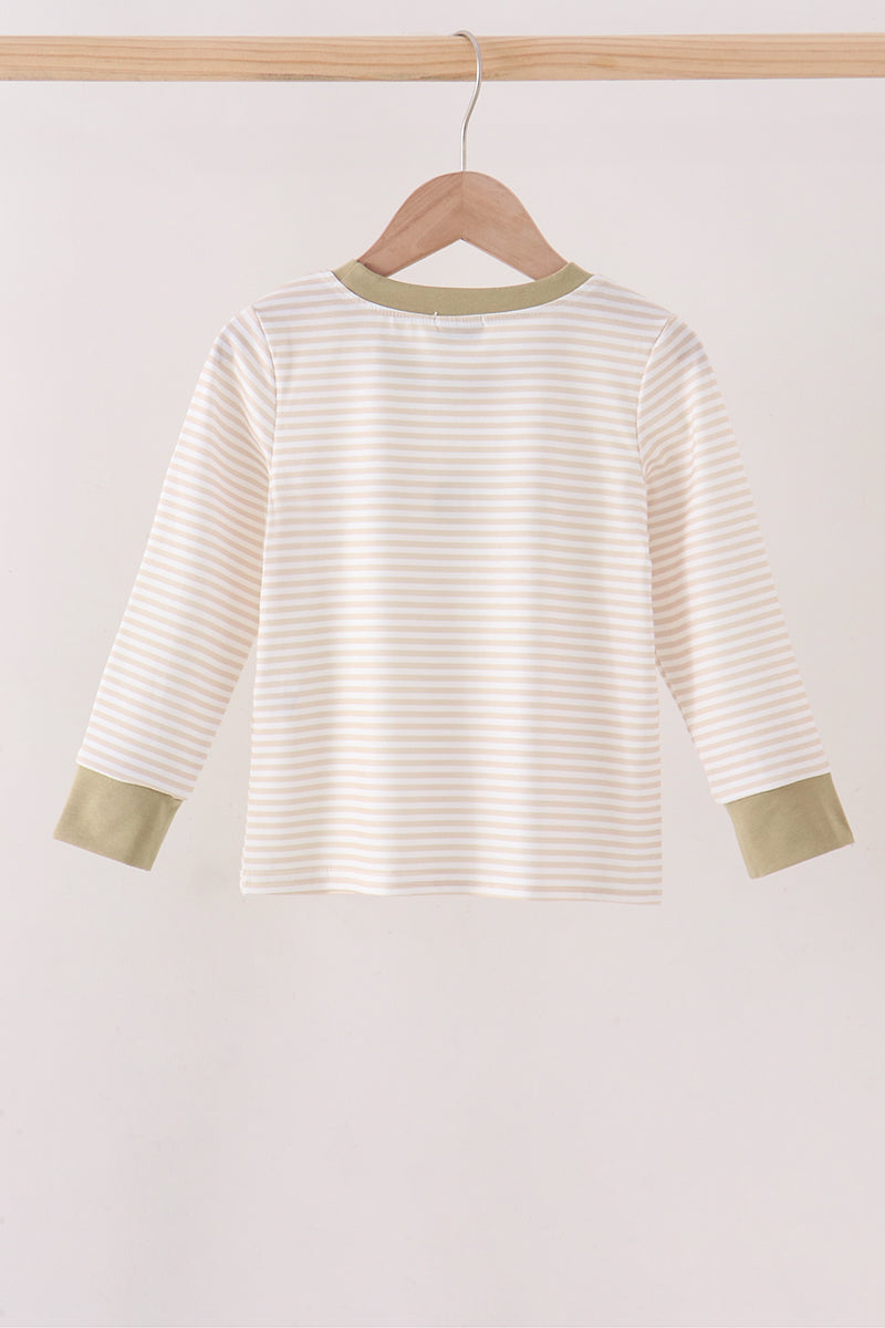 Khaki Pumpkin Embroidery Stripe Top