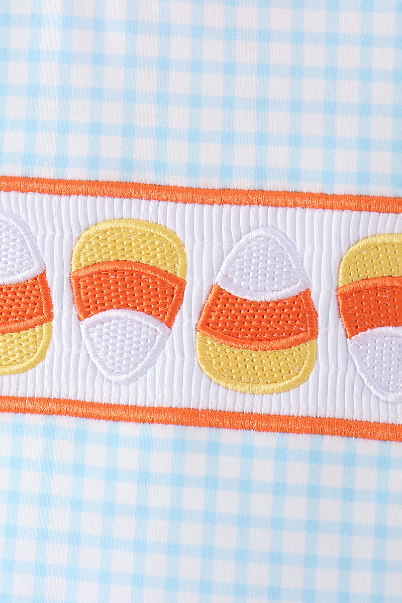 Blue Gingham Candy Corn Embroidery Shorts Set