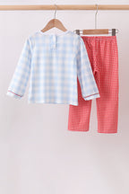 Blue Farm Embroidery Gingham Pants Set