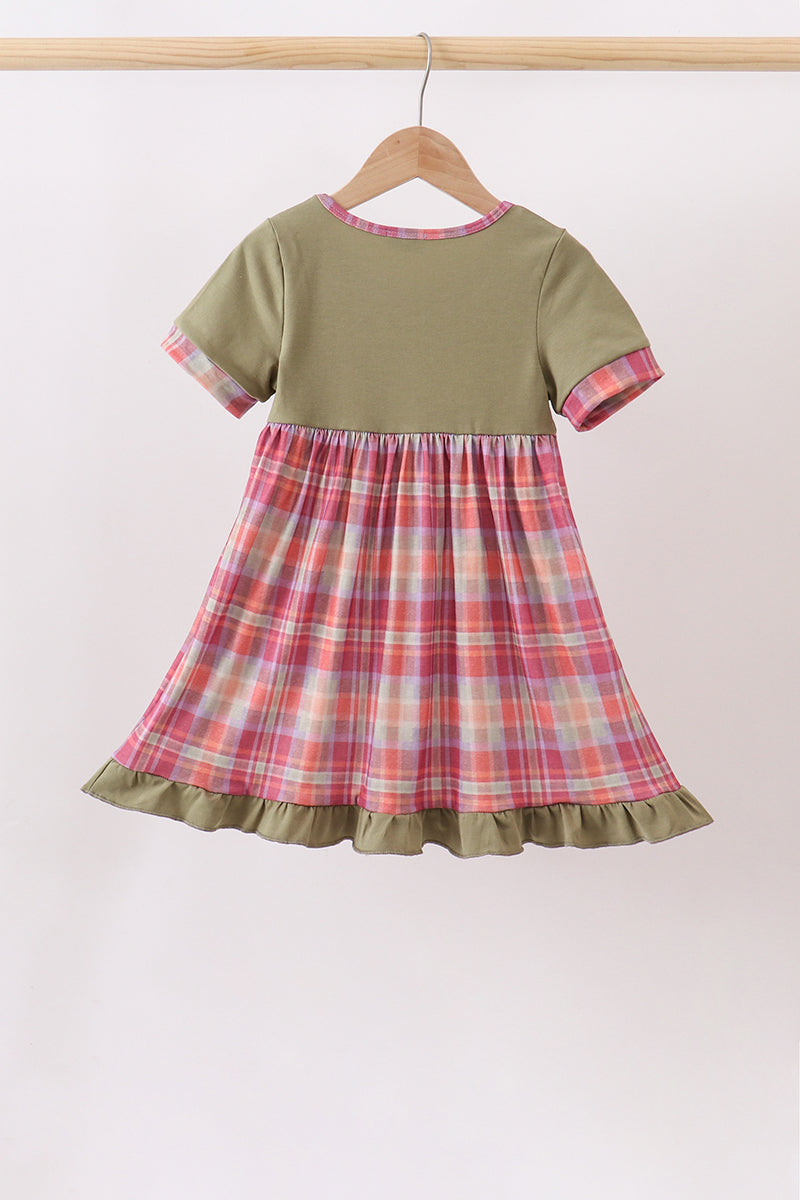 Camel Pumpkin Embroidery Plaid Dress
