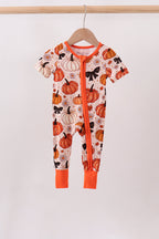 Orange Pumpkin Floral Bow Bamboo Romper