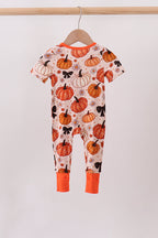Orange Pumpkin Floral Bow Bamboo Romper