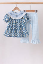 Blue pumpkin bow smocked lace ruffle pants set