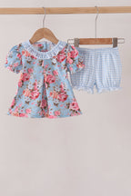 Blue rose floral ruffle bloomer set